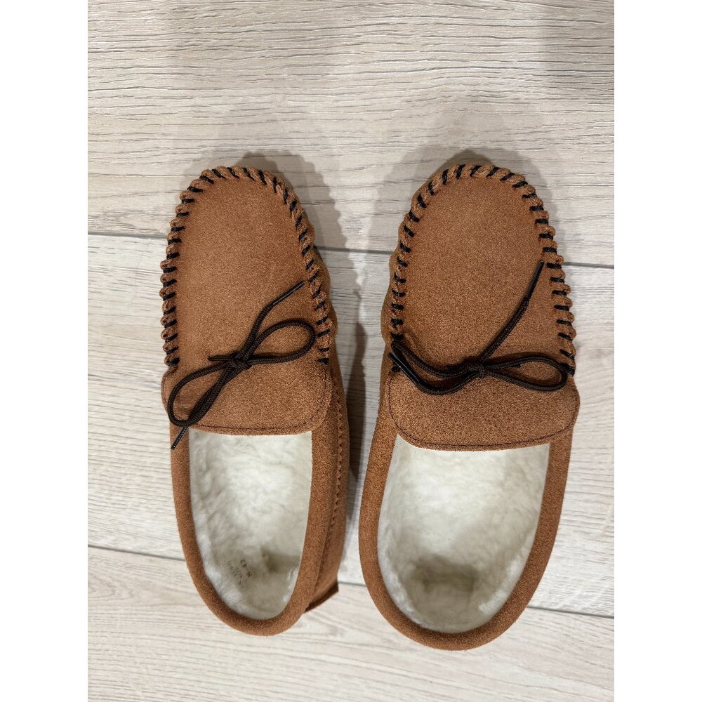 Men’s Sheepskin Moccasin Brown Slippers Soft Suede Leather Sole with Lamb’s Wool